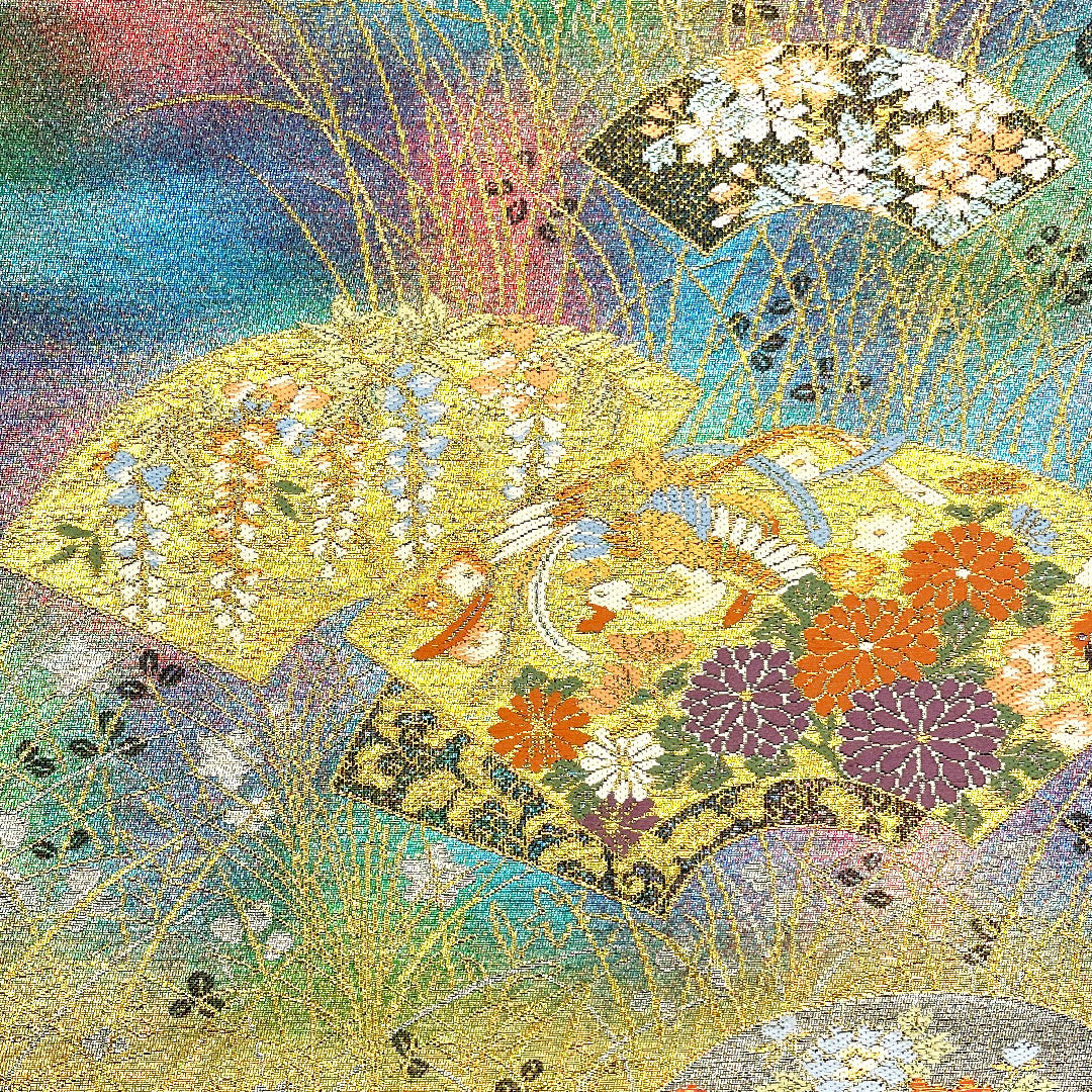 袋帯 松竹梅 四季の花 カラフル 帯丈441cm 正絹 Sランク 六通 フォーマル 金系 1123001972321