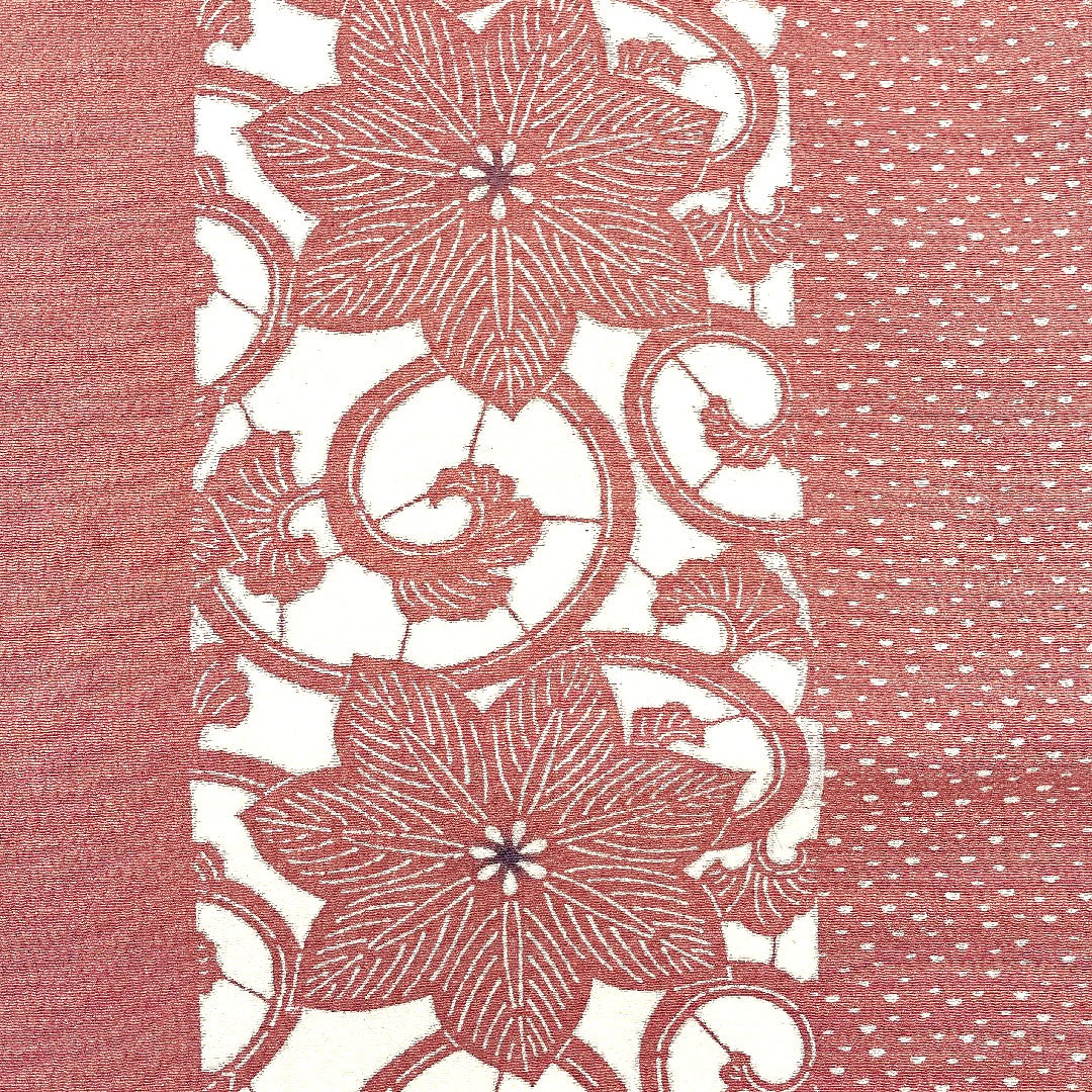 名古屋帯 花唐草 型染 縞 縮緬地 帯丈371cm 正絹 Sランク 全通 カジュアル ピンク系 1124000252313 名古屋仕立て