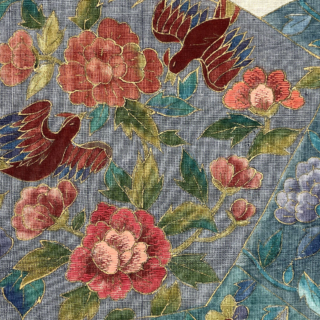 (未仕立)袋帯 未仕立 本まわた 花柄 抽象鳥 帯丈453cm 正絹 Sランク ポイント柄 カジュアル グレー系 1123001712422