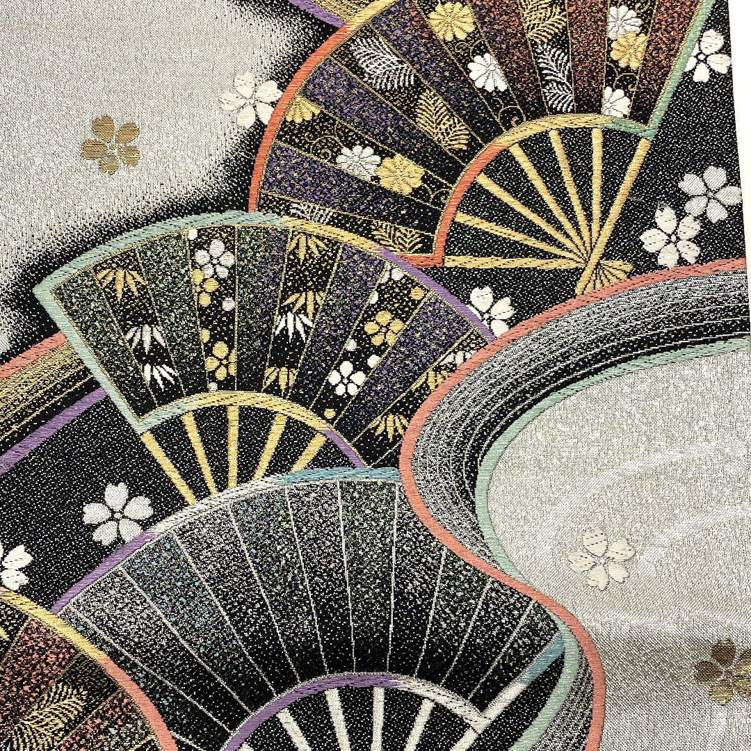 袋帯 扇 松竹梅 菊唐草 振袖用 帯丈430cm 正絹 Sランク 全通 フォーマル 銀系 1123001332322