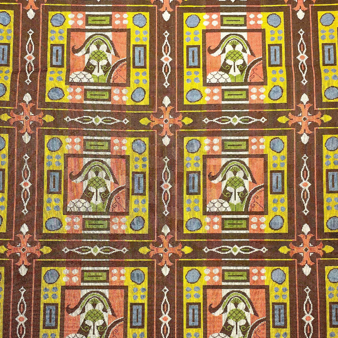 名古屋帯 龍村美術織物 コプト甲冑異文 帯丈352cm 正絹 Sランク 全通 カジュアル 茶系 1124001062314 開き仕立て