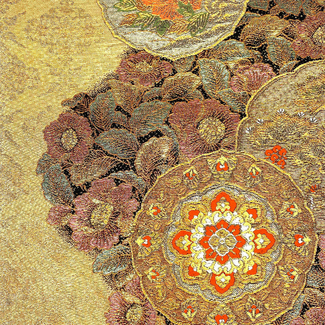 袋帯 華飾流堆朱文 帯丈423cm 正絹 Sランク 六通 フォーマル 金系 1123001952321