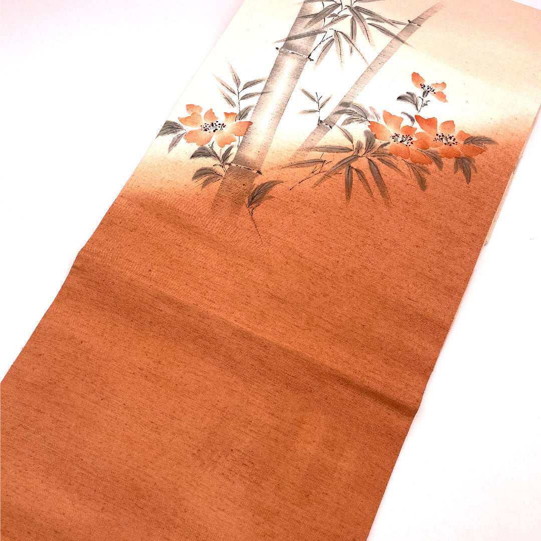 名古屋帯 証紙つき 本場結城紬 手書き 草花笹竹 帯丈376cm 正絹 Sランク ポイント柄 カジュアル 朱系 1124000412316 名古屋仕立て