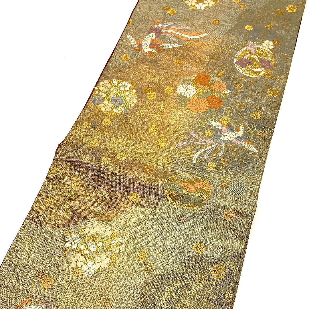 袋帯 尾長鳥 花 帯丈423cm 正絹 Sランク 六通 フォーマル 金系 1123002232321