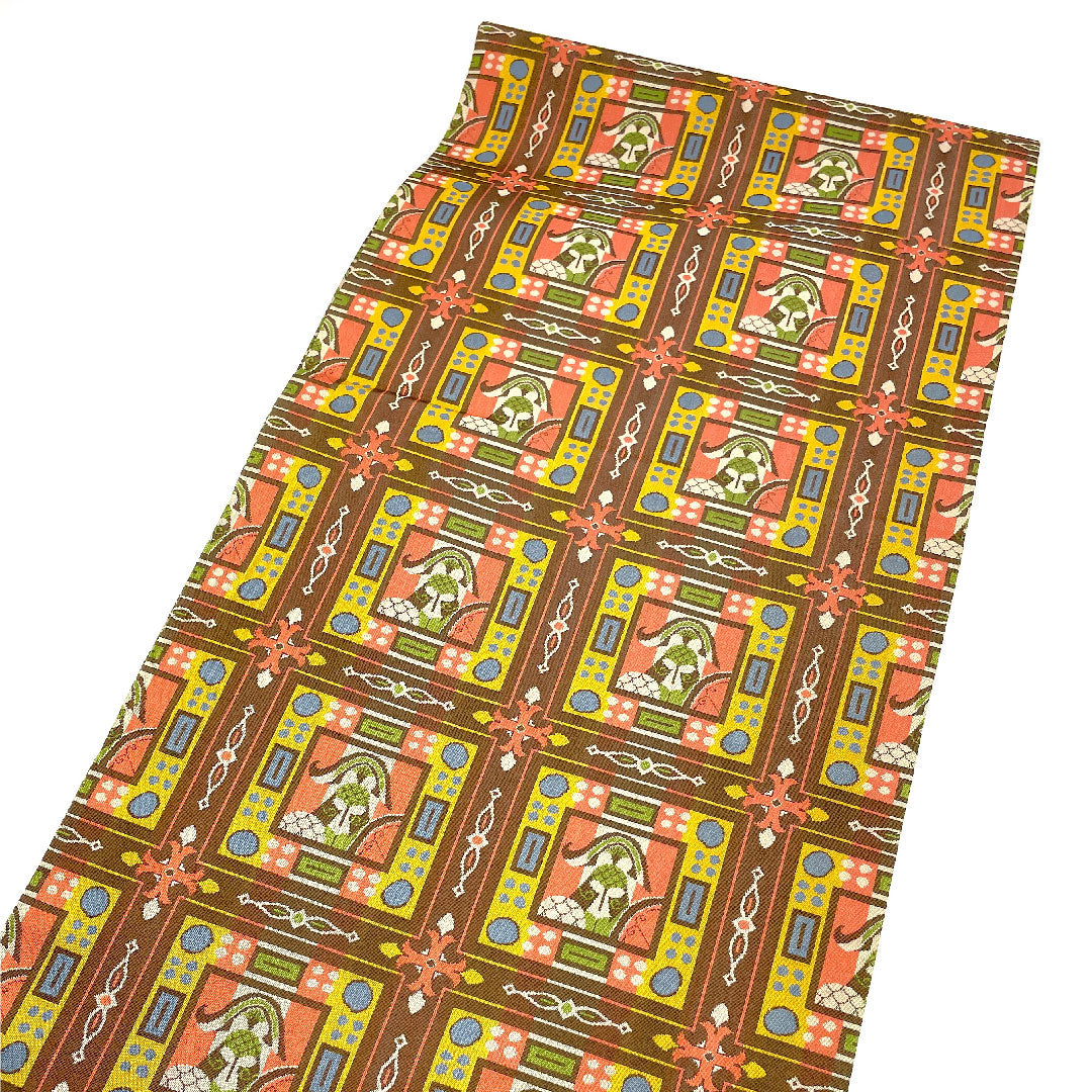 名古屋帯 龍村美術織物 コプト甲冑異文 帯丈352cm 正絹 Sランク 全通 カジュアル 茶系 1124001062314 開き仕立て