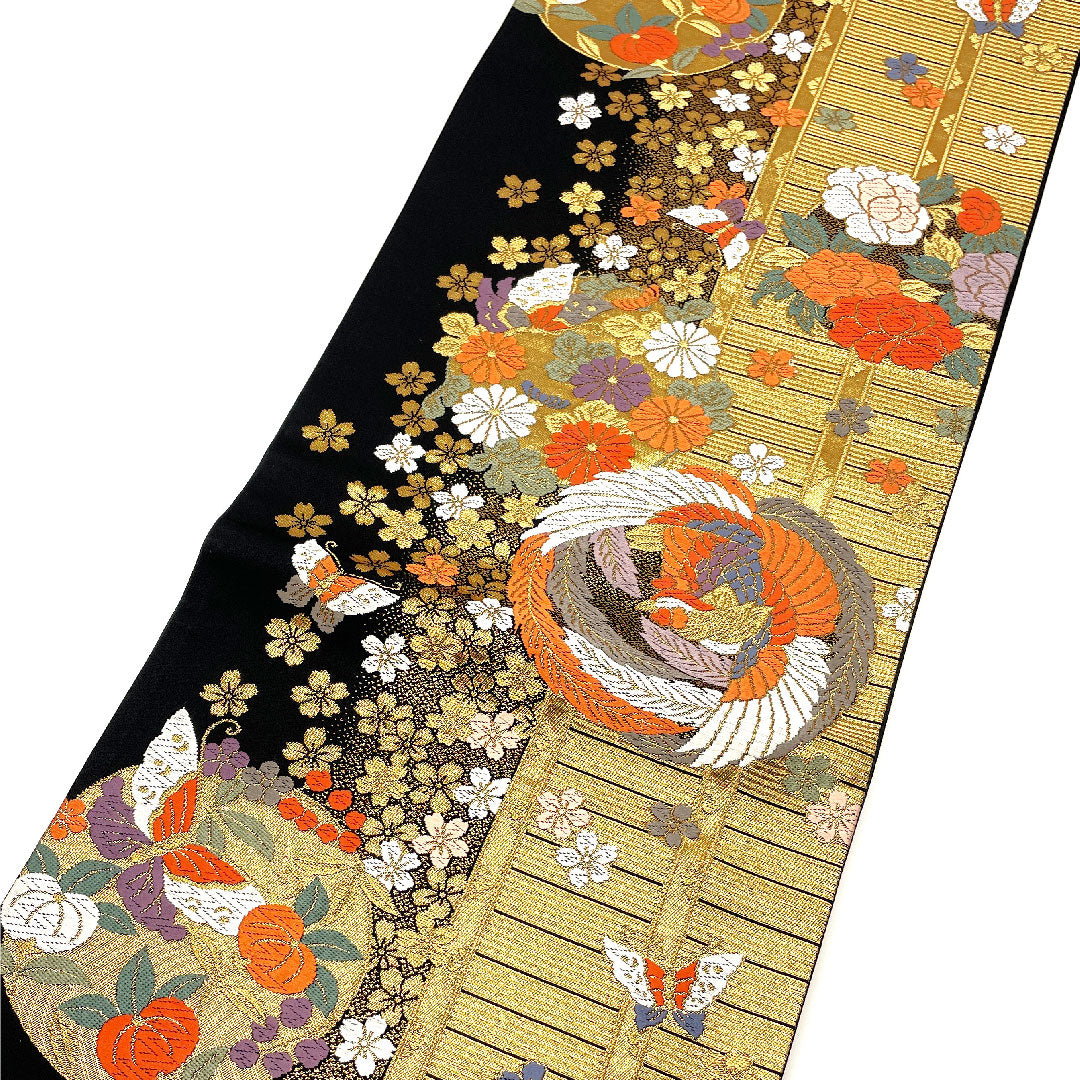袋帯 蝶 橘 鳳凰 桜 帯丈424cm 正絹 Sランク 六通 フォーマル 金系 1123001942321
