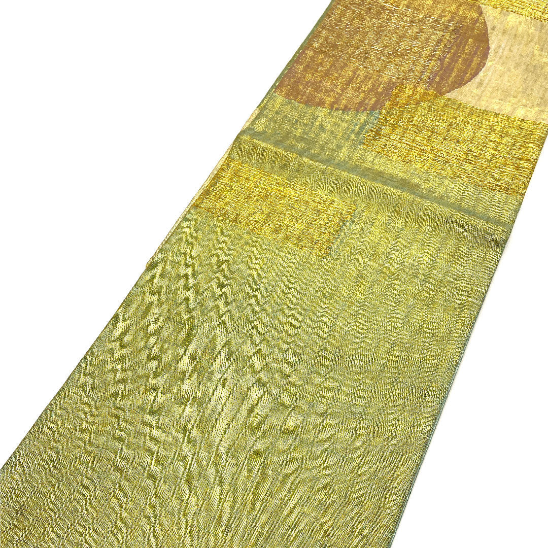 袋帯 幾何学模様 前腹無地 帯丈442cm 正絹 Aランク ポイント柄 フォーマル 金系 1123001963321