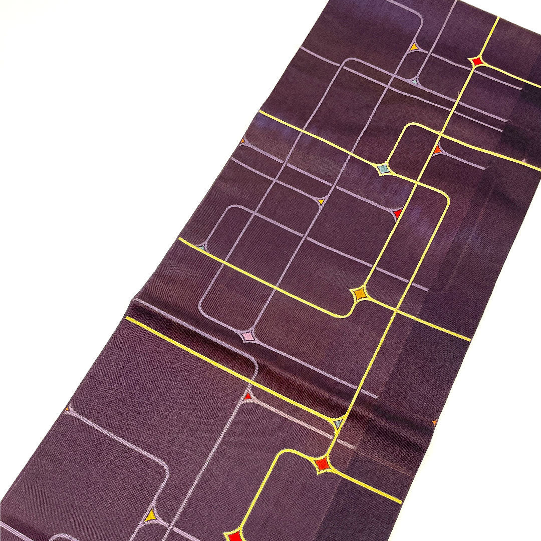 袋帯 抽象模様 帯丈436cm 正絹 Sランク 六通 カジュアル 紫系 1123001482320