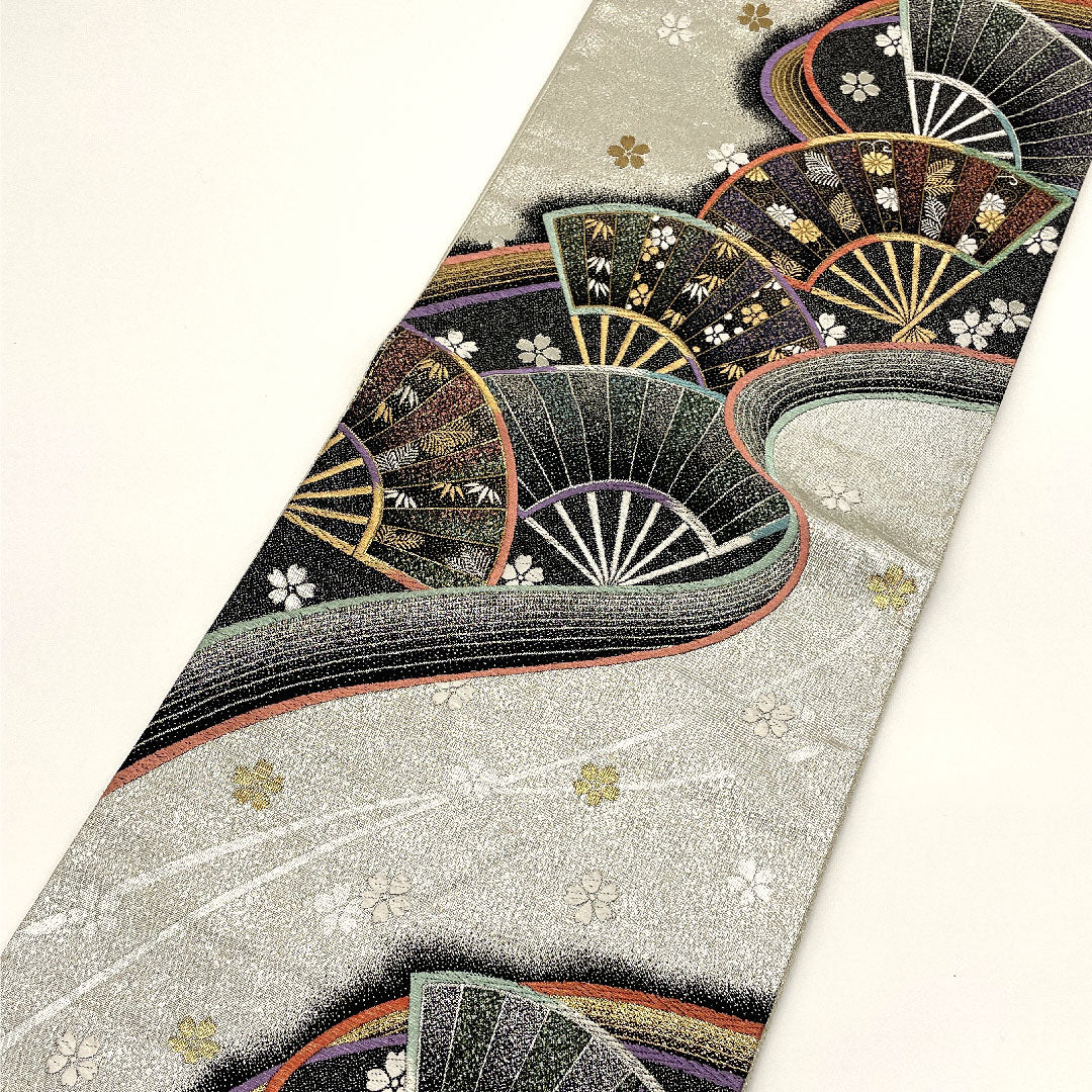 袋帯 扇 松竹梅 菊唐草 振袖用 帯丈430cm 正絹 Sランク 全通 フォーマル 銀系 1123001332322