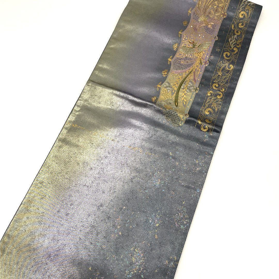 袋帯 引箔 汕頭刺繍 相良刺繡 尾長鳥 帯丈439cm 正絹 Sランク ポイント柄 セミフォーマル 銀系 1123001512322