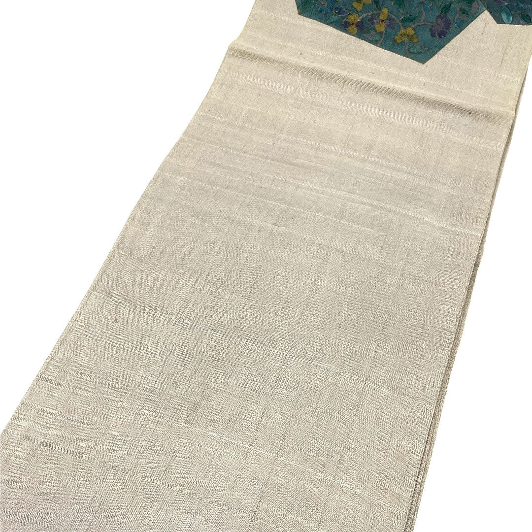 (未仕立)袋帯 未仕立 本まわた 花柄 抽象鳥 帯丈453cm 正絹 Sランク ポイント柄 カジュアル グレー系 1123001712422