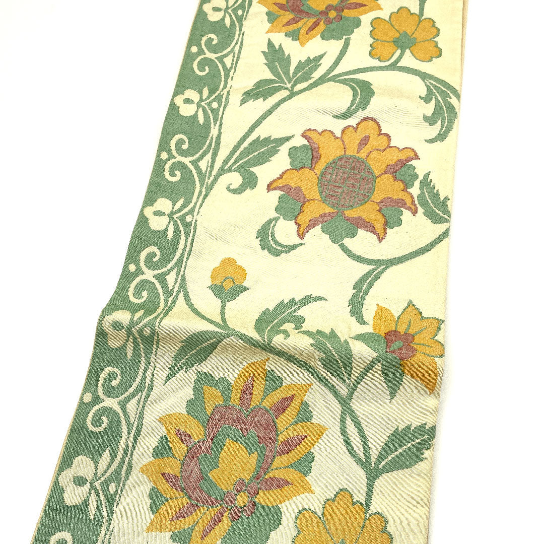 (未仕立)袋帯 単衣 唐花模様 帯丈412cm 正絹 Sランク 六通 カジュアル クリーム系 1123003272315