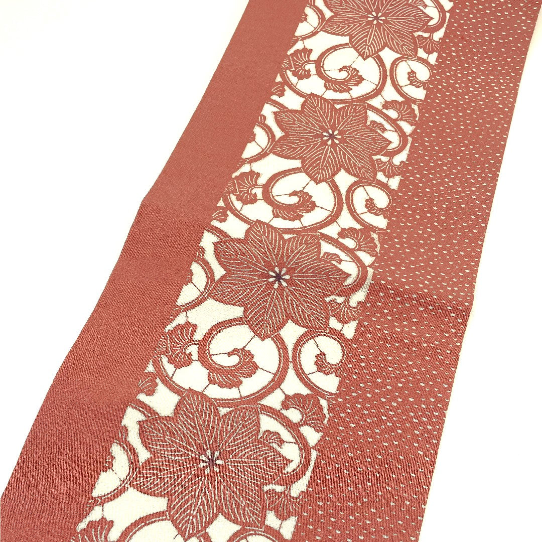 名古屋帯 花唐草 型染 縞 縮緬地 帯丈371cm 正絹 Sランク 全通 カジュアル ピンク系 1124000252313 名古屋仕立て