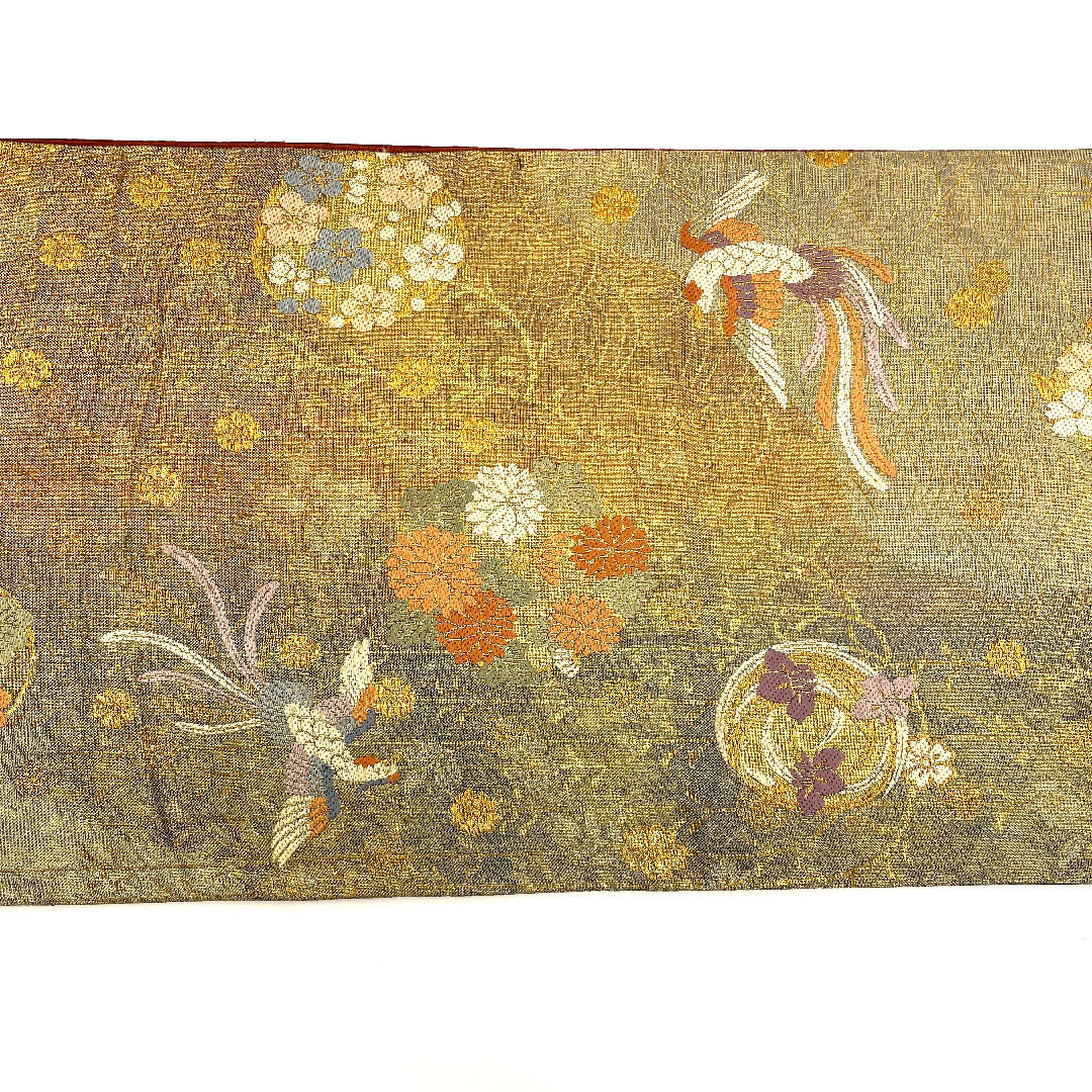 袋帯 尾長鳥 花 帯丈423cm 正絹 Sランク 六通 フォーマル 金系 1123002232321