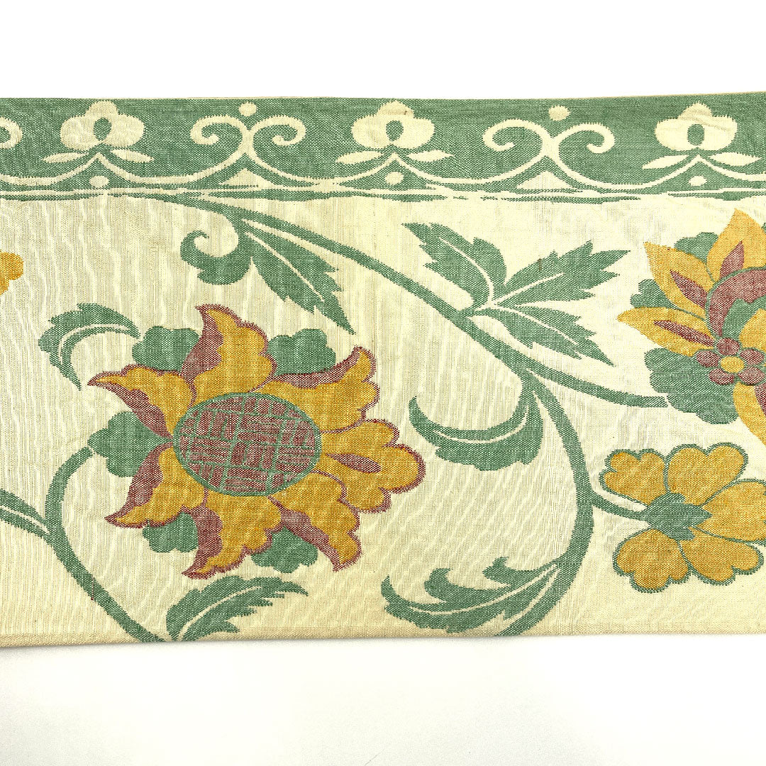 (未仕立)袋帯 単衣 唐花模様 帯丈412cm 正絹 Sランク 六通 カジュアル クリーム系 1123003272315