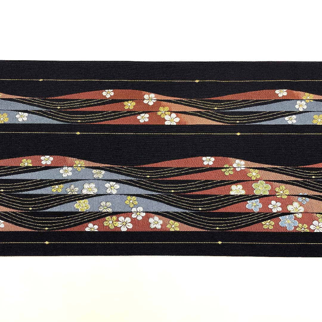 袋帯 小花 南天 帯丈437cm 正絹 Sランク 六通 セミフォーマル 黒系 1123001572310