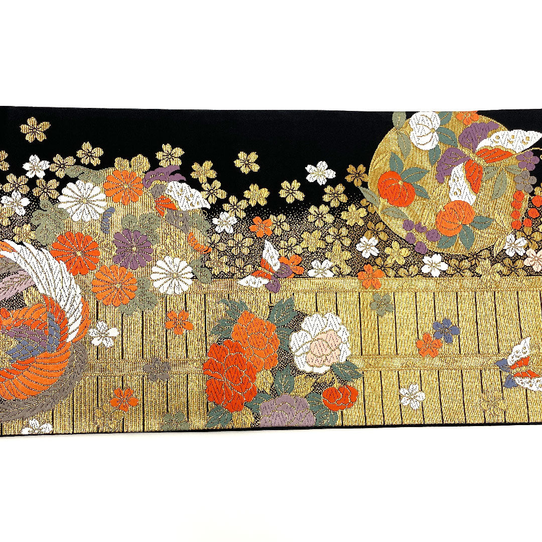 袋帯 蝶 橘 鳳凰 桜 帯丈424cm 正絹 Sランク 六通 フォーマル 金系 1123001942321