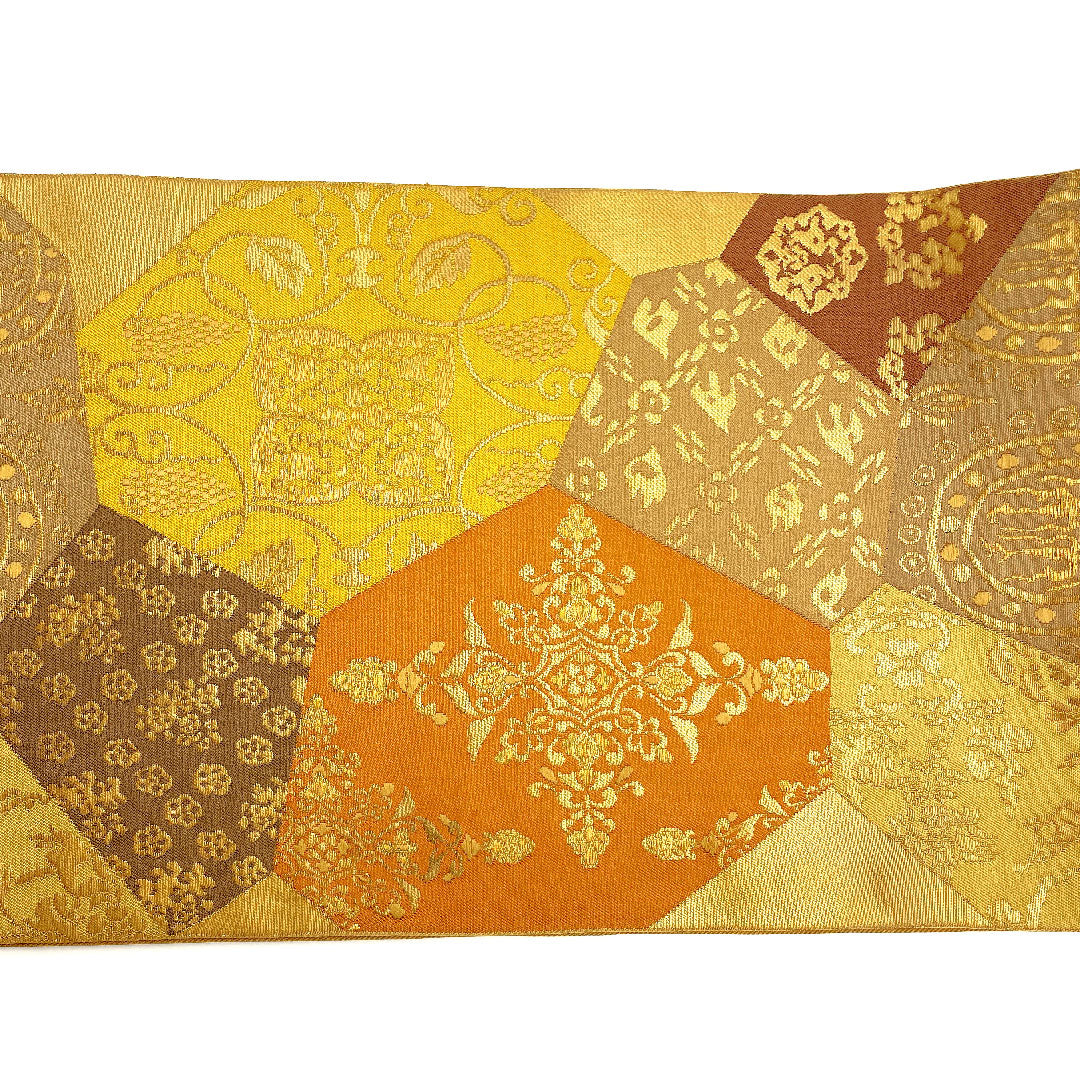 袋帯 変わり亀甲 帯丈443cm 正絹 Aランク 全通 セミフォーマル 茶系 1123002193314