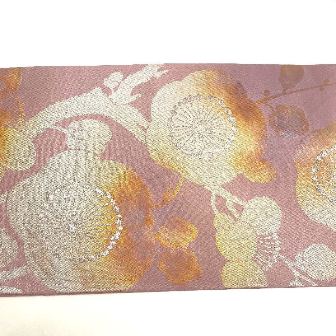 袋帯 梅 焼箔 帯丈429cm 正絹 Sランク 六通 セミフォーマル 紫系 1123002332320