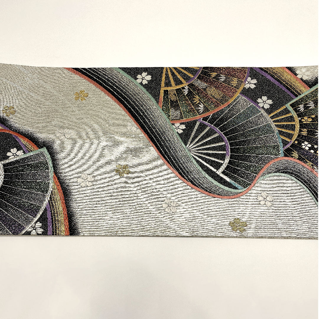 袋帯 扇 松竹梅 菊唐草 振袖用 帯丈430cm 正絹 Sランク 全通 フォーマル 銀系 1123001332322