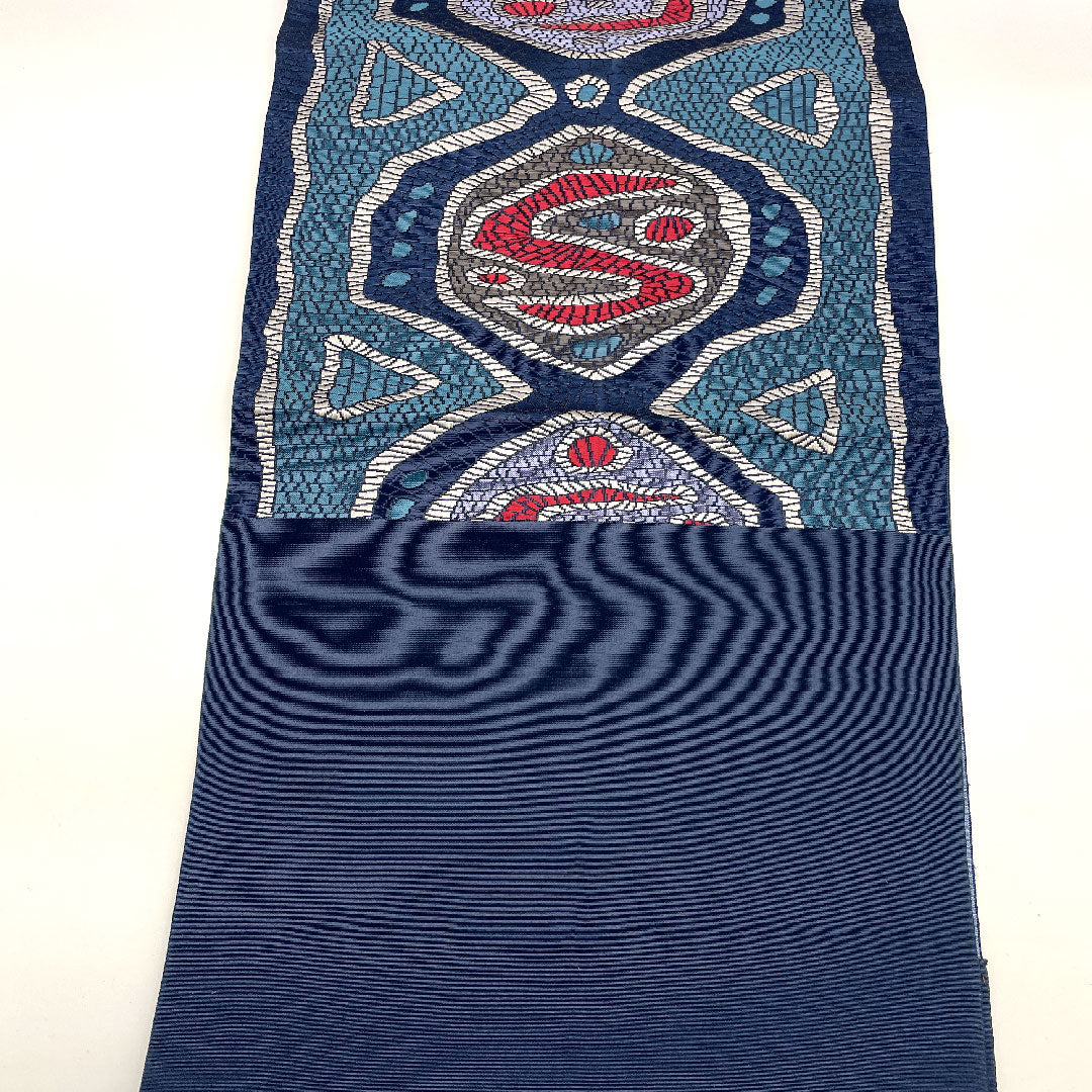 名古屋帯 本場筑前博多 抽象模様 帯丈360cm 正絹 Sランク 六通 カジュアル 青系 1124000532317 松葉仕立て