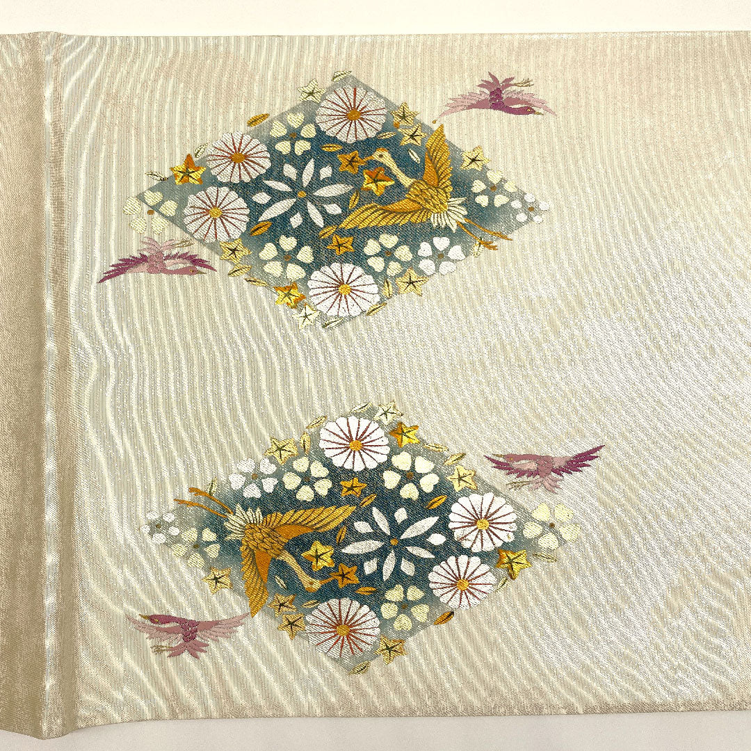 袋帯 菱 吉祥文様 鶴 帯丈432cm 正絹 Aランク ポイント柄 フォーマル 白系 1123002413311