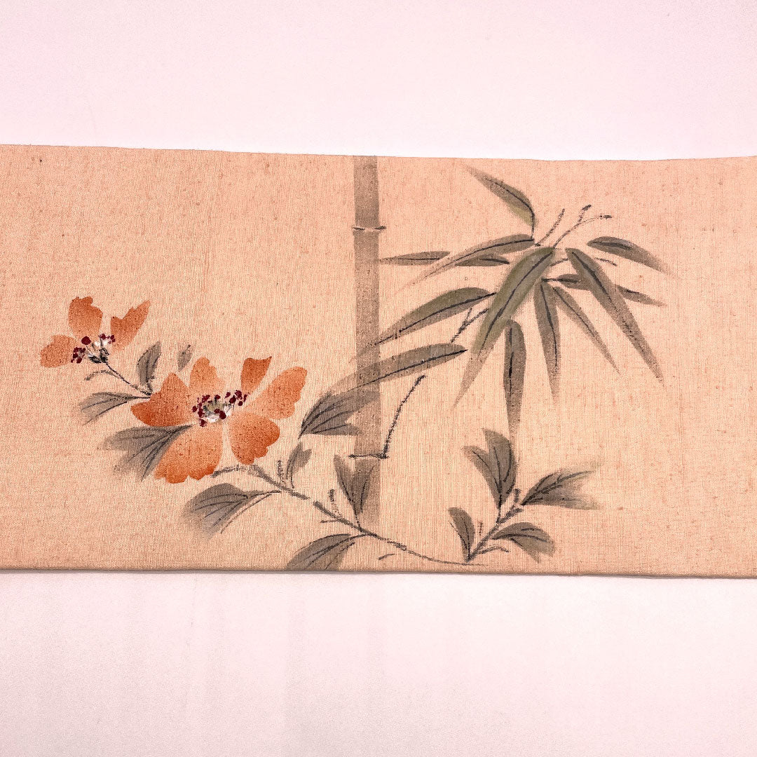 名古屋帯 証紙つき 本場結城紬 手書き 草花笹竹 帯丈376cm 正絹 Sランク ポイント柄 カジュアル 朱系 1124000412316 名古屋仕立て