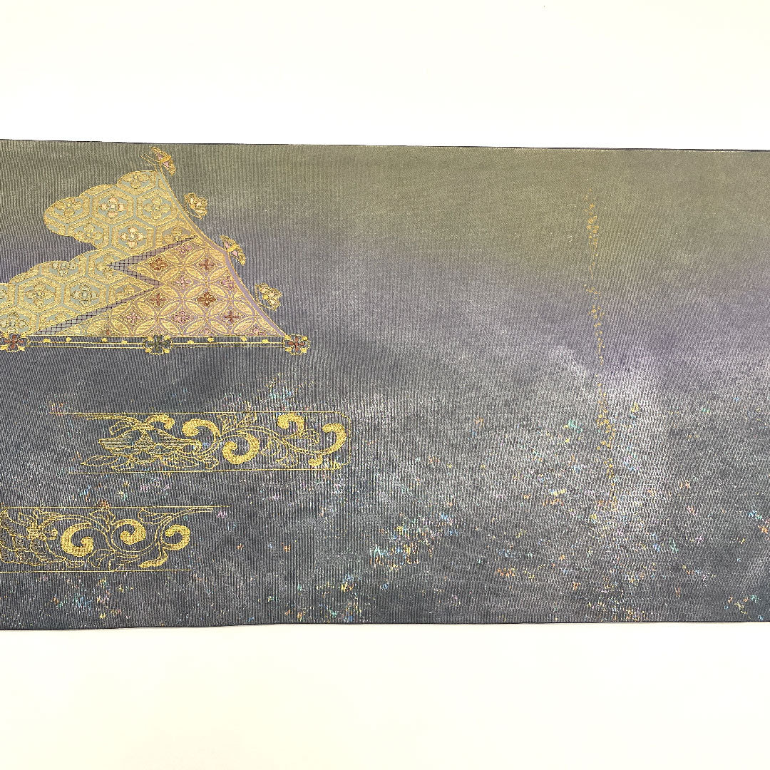 袋帯 引箔 汕頭刺繍 相良刺繡 尾長鳥 帯丈439cm 正絹 Sランク ポイント柄 セミフォーマル 銀系 1123001512322