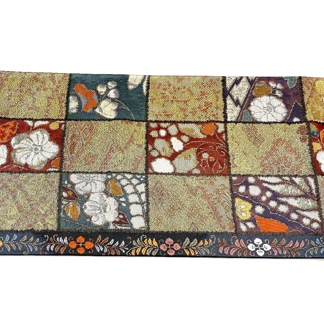 袋帯 辻ヶ花 葵 菱 市松 帯丈422cm 正絹 Sランク 六通 セミフォーマル 金系 1123001532321