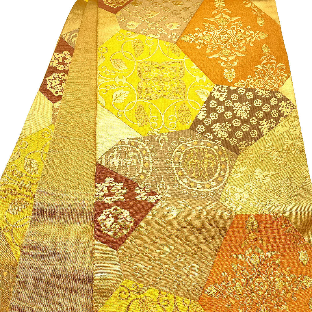 袋帯 変わり亀甲 帯丈443cm 正絹 Aランク 全通 セミフォーマル 茶系 1123002193314