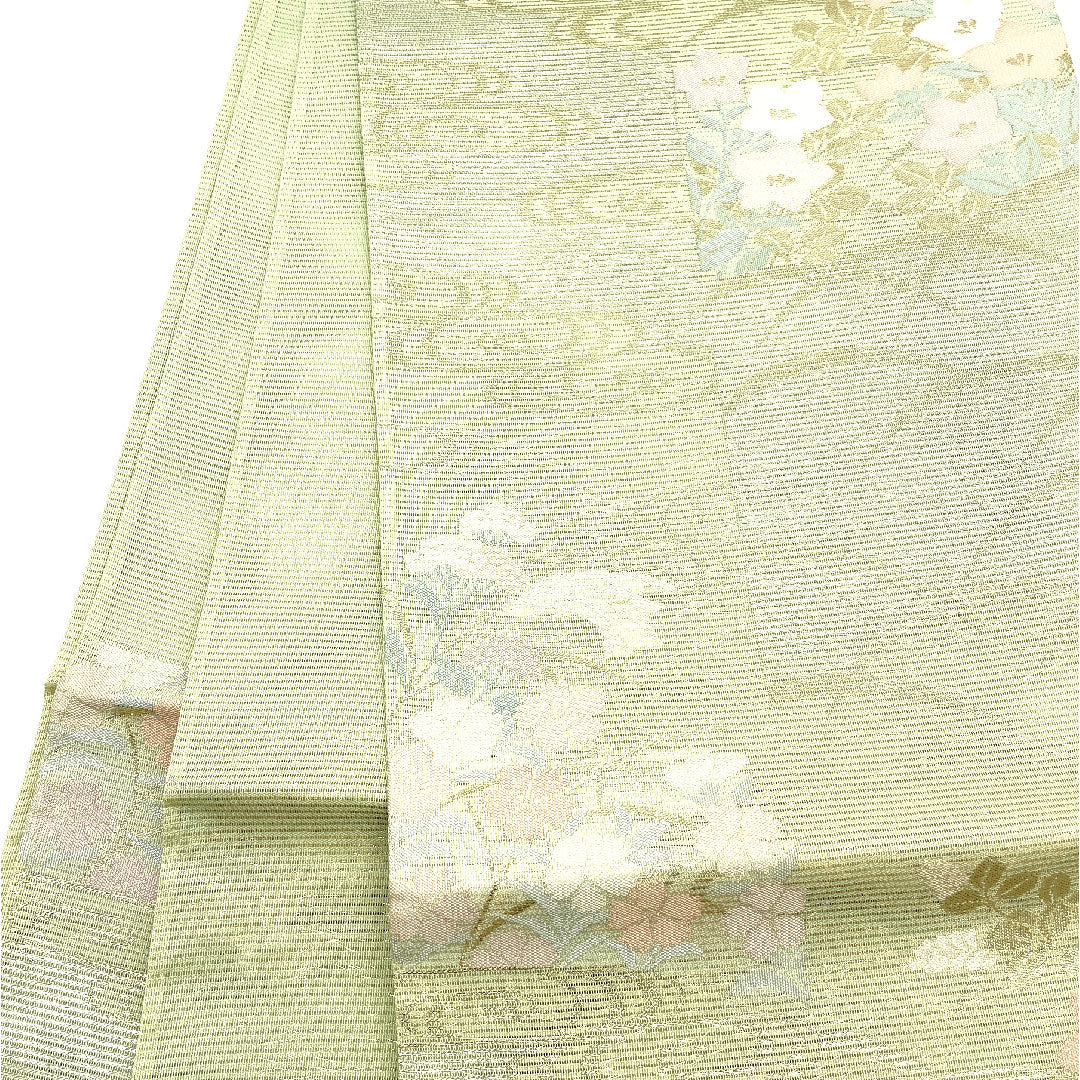 (未仕立)袋帯 西陣まいづる 絽 夏帯 秋草 帯丈442cm 正絹 Sランク 六通 フォーマル 緑系 1123002392319