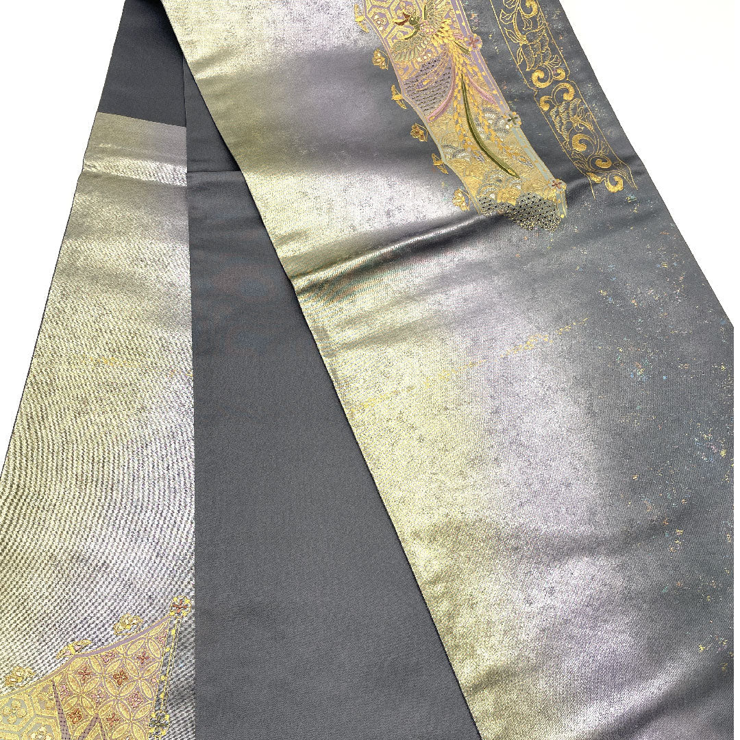 袋帯 引箔 汕頭刺繍 相良刺繡 尾長鳥 帯丈439cm 正絹 Sランク ポイント柄 セミフォーマル 銀系 1123001512322