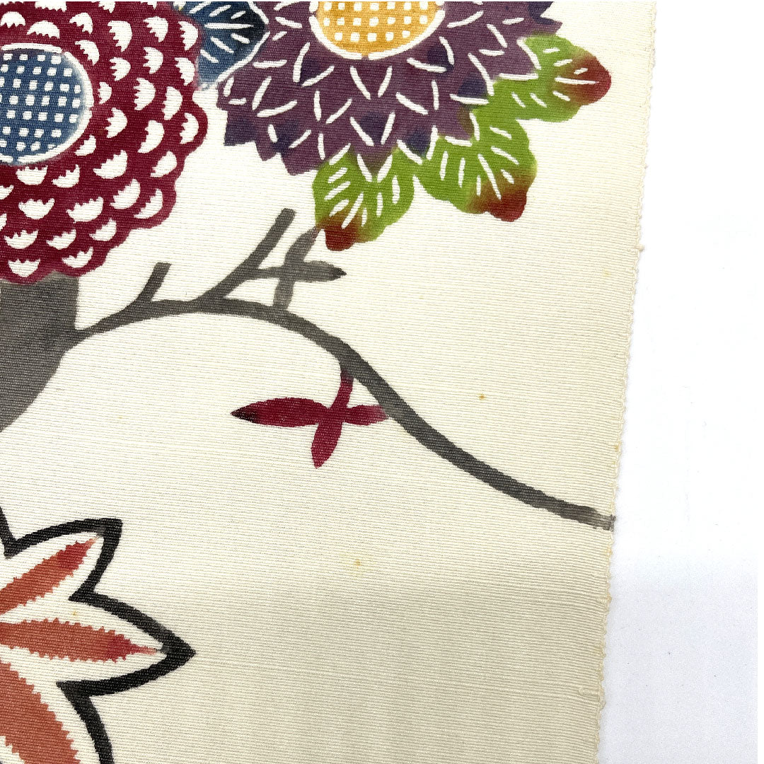 (未仕立)名古屋帯 京紅型 流水 紅葉 菊 帯丈390cm 正絹 Aランク 六通 カジュアル 白系 1124000683311