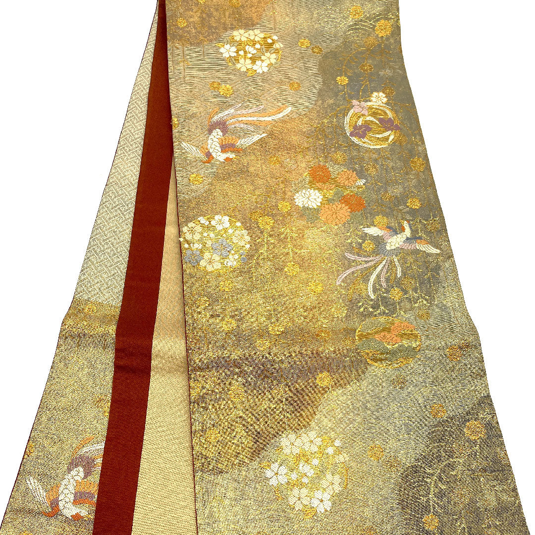 袋帯 尾長鳥 花 帯丈423cm 正絹 Sランク 六通 フォーマル 金系 1123002232321