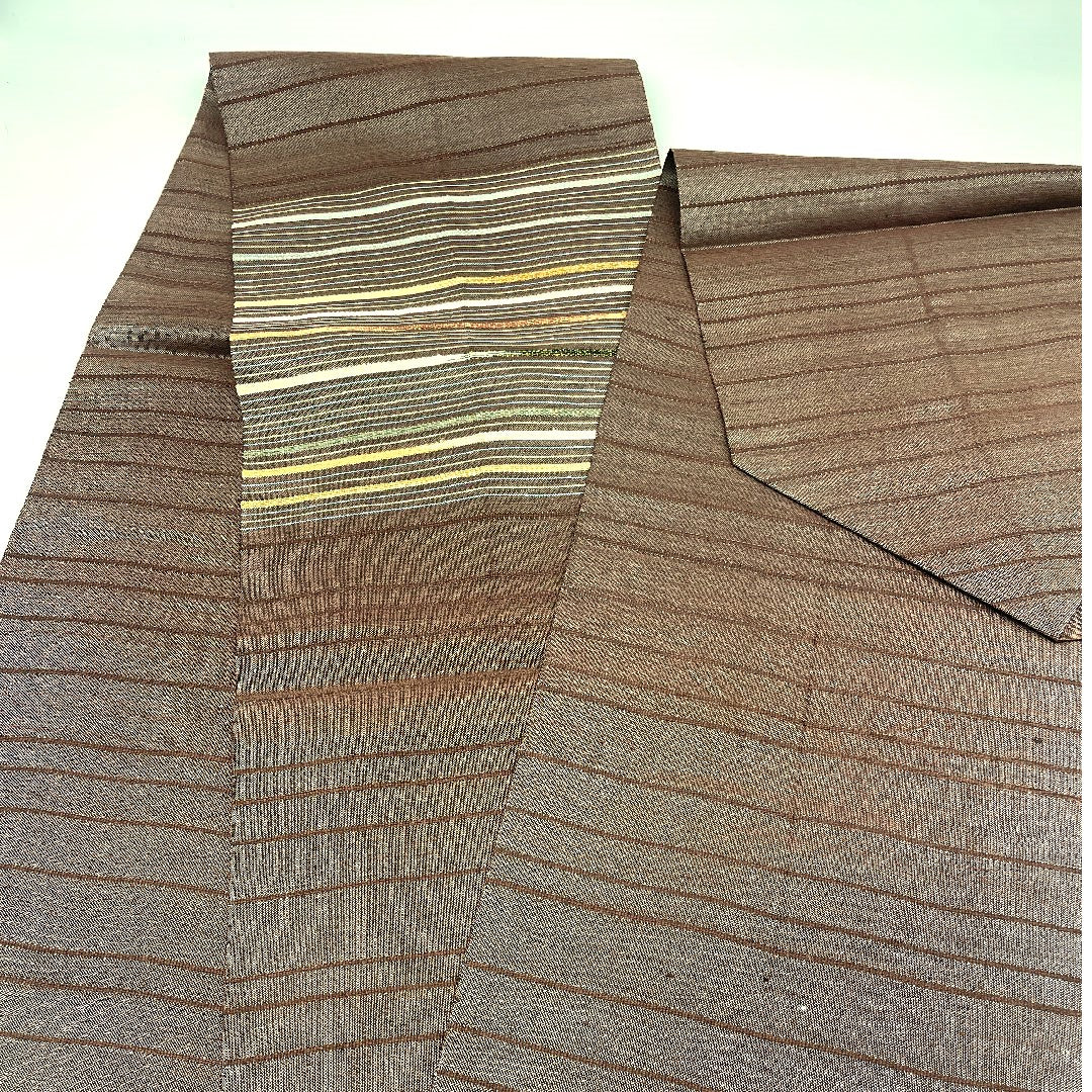 名古屋帯 横段模様 帯丈394cm 正絹 Aランク ポイント柄 カジュアル 茶系 1124000303314 松葉仕立て