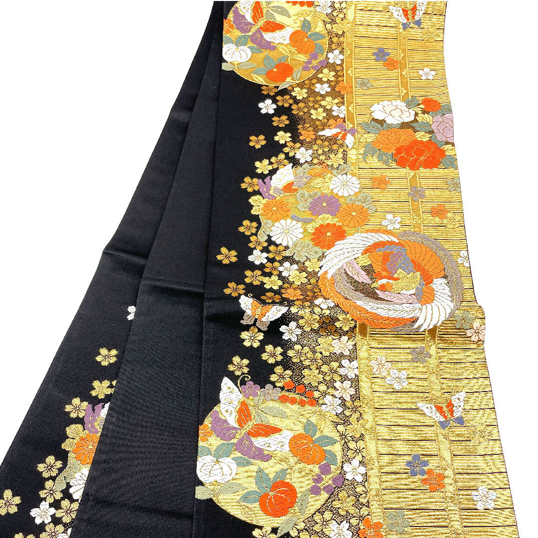 袋帯 蝶 橘 鳳凰 桜 帯丈424cm 正絹 Sランク 六通 フォーマル 金系 1123001942321
