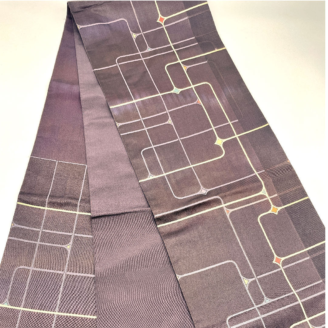 袋帯 抽象模様 帯丈436cm 正絹 Sランク 六通 カジュアル 紫系 1123001482320