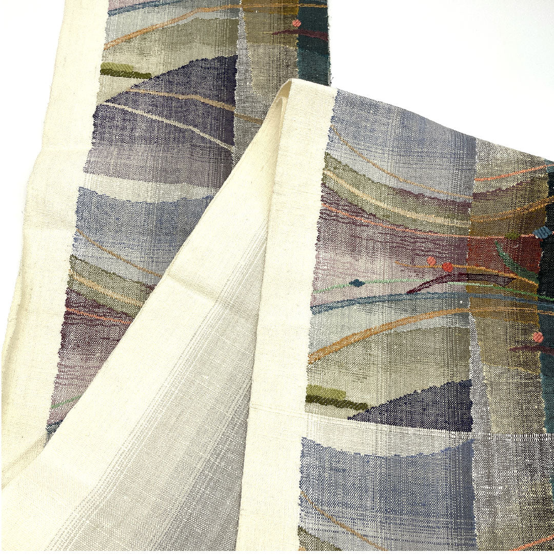 名古屋帯 渡文製 手織り真綿紬 露芝模様 帯丈360cm 正絹 Aランク 全通 カジュアル クリーム系 1124000364315 名古屋仕立て