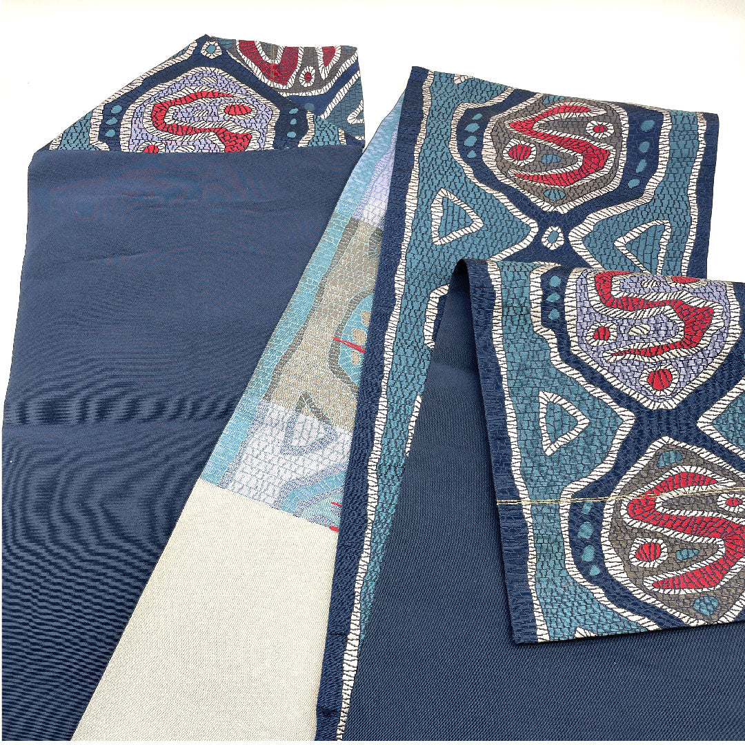 名古屋帯 本場筑前博多 抽象模様 帯丈360cm 正絹 Sランク 六通 カジュアル 青系 1124000532317 松葉仕立て