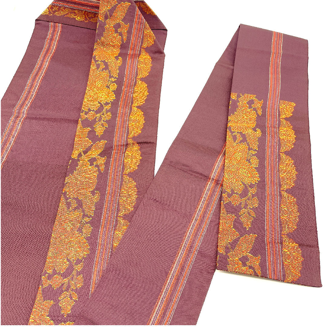 名古屋帯 更紗模様 帯丈359cm 正絹 Sランク 六通 カジュアル 紫系 1124001182320 名古屋仕立て