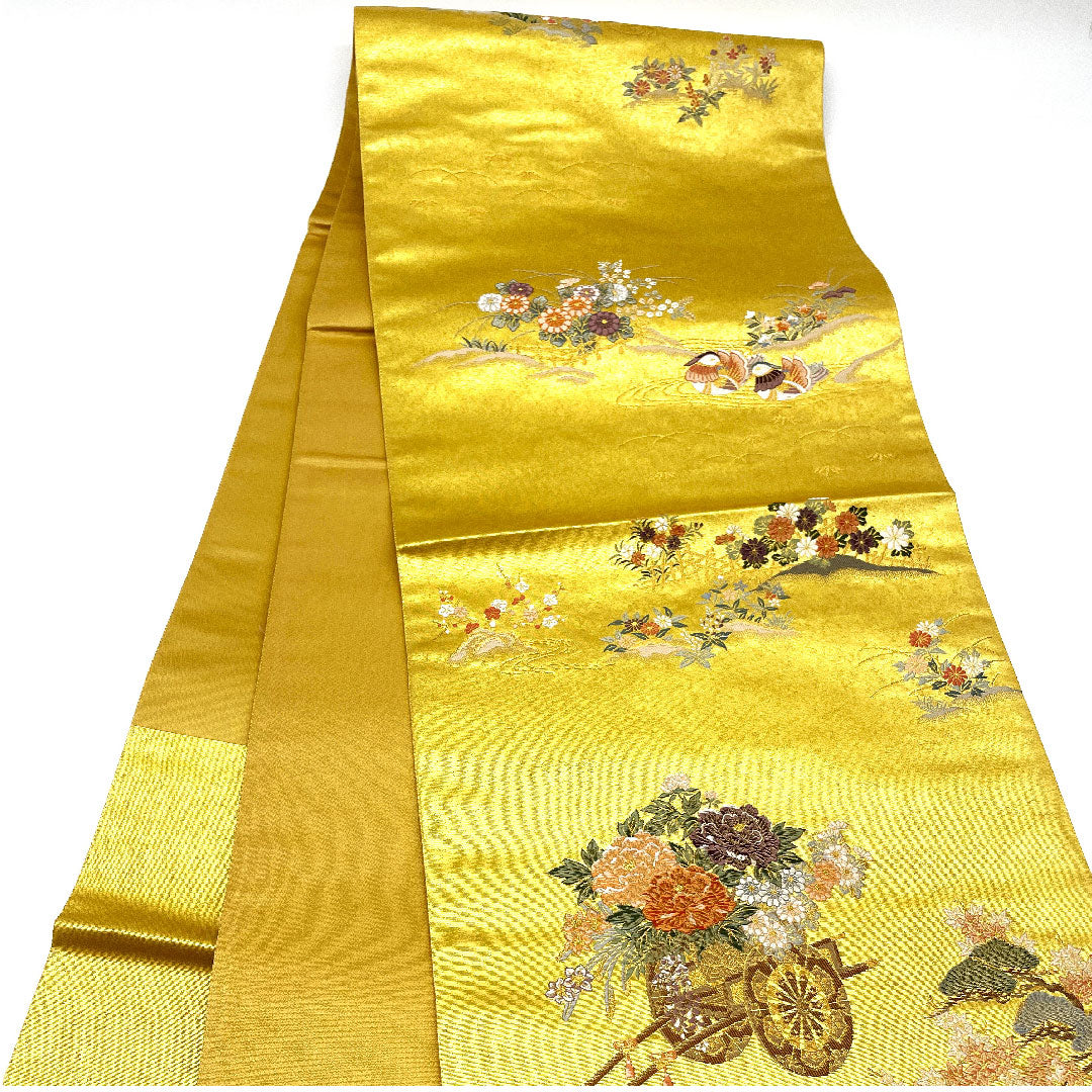 袋帯 花車 鴛鴦 帯丈432cm 正絹 Aランク 六通 フォーマル 金系 1123002403321
