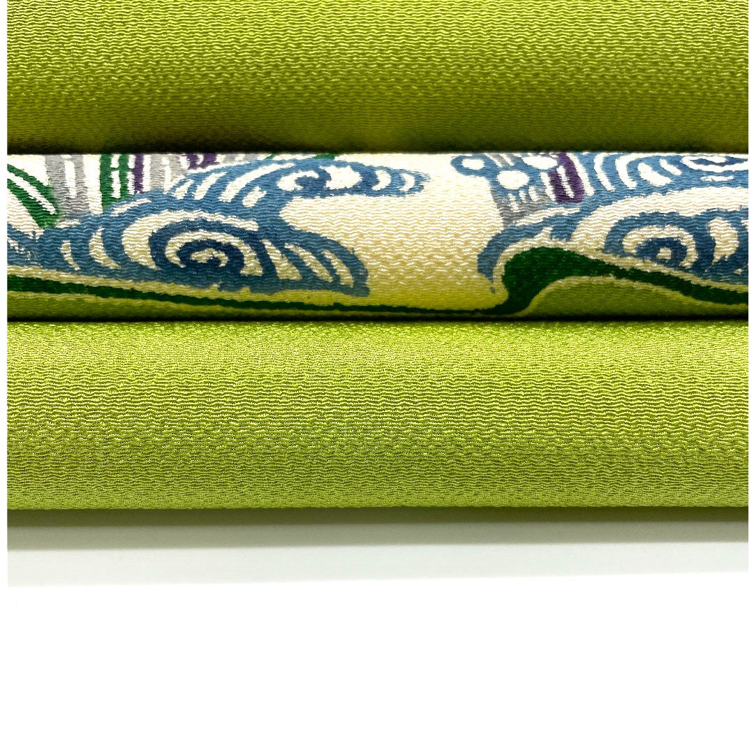名古屋帯 縮緬地 荒波 菖蒲 帯丈372.5cm 正絹 Sランク ポイント柄 カジュアル 緑系 1124000262319 名古屋仕立て