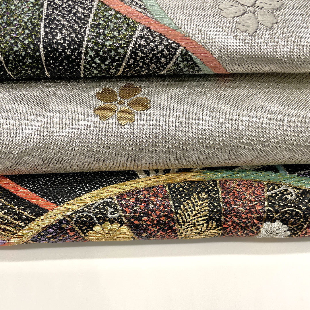 袋帯 扇 松竹梅 菊唐草 振袖用 帯丈430cm 正絹 Sランク 全通 フォーマル 銀系 1123001332322