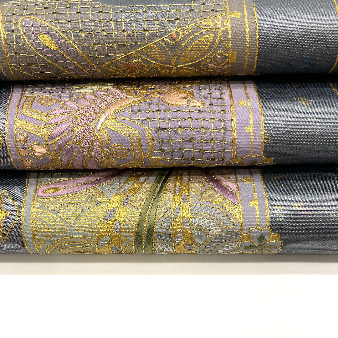 袋帯 引箔 汕頭刺繍 相良刺繡 尾長鳥 帯丈439cm 正絹 Sランク ポイント柄 セミフォーマル 銀系 1123001512322