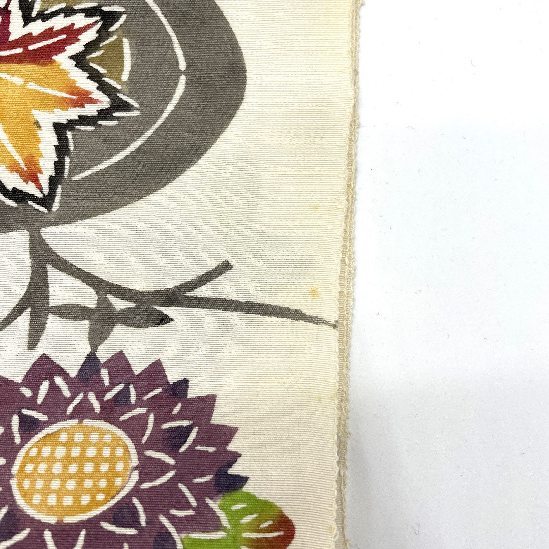 (未仕立)名古屋帯 京紅型 流水 紅葉 菊 帯丈390cm 正絹 Aランク 六通 カジュアル 白系 1124000683311