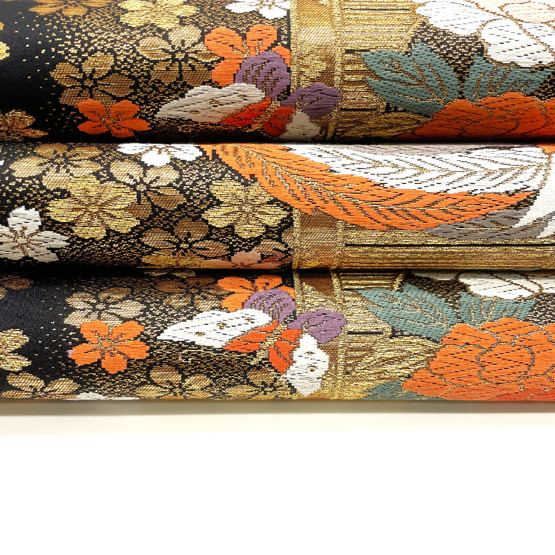袋帯 蝶 橘 鳳凰 桜 帯丈424cm 正絹 Sランク 六通 フォーマル 金系 1123001942321