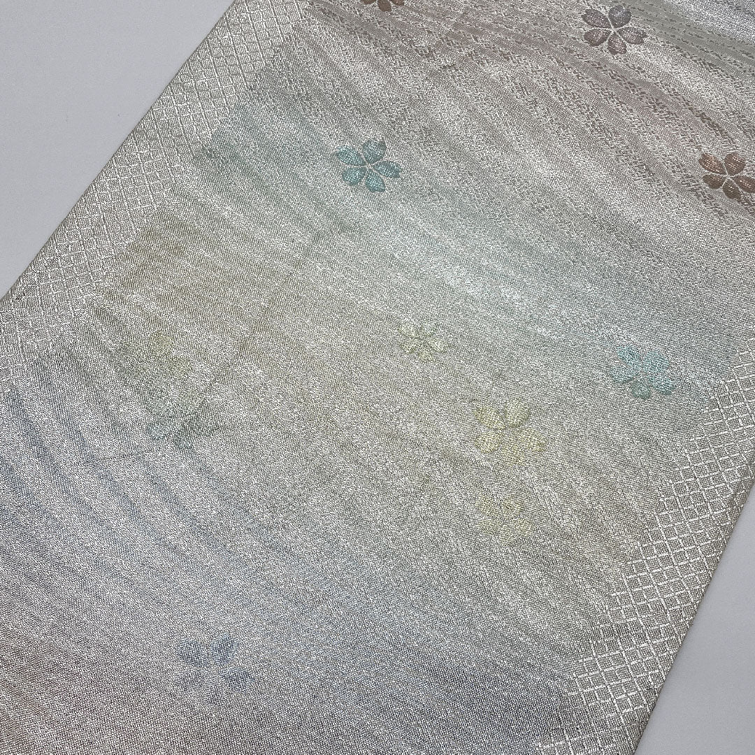 袋帯 扇 松竹梅 菊唐草 振袖用 帯丈430cm 正絹 Sランク 全通 フォーマル 銀系 1123001332322
