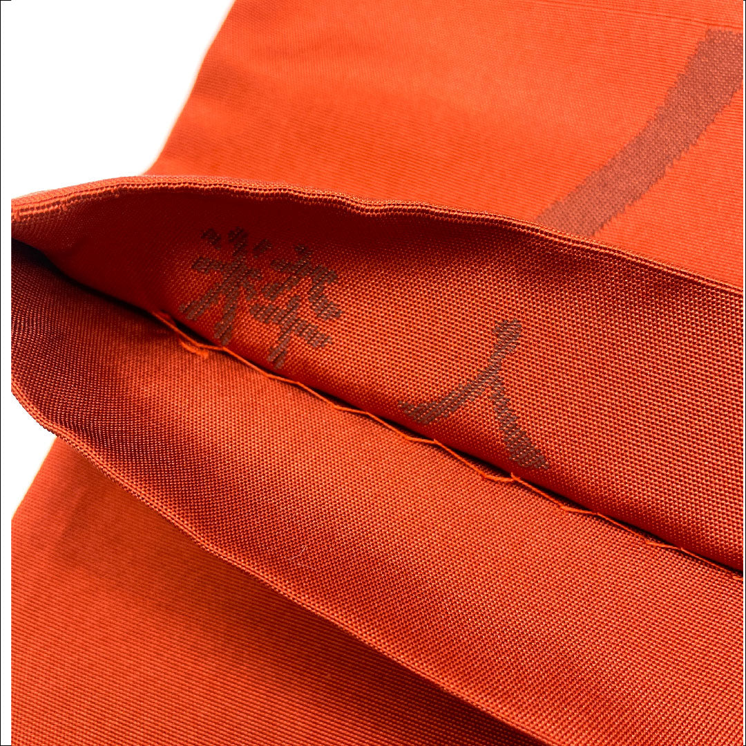 袋帯 シンプル 線 帯丈438cm 正絹 Sランク 六通 カジュアル 朱系 1123002122316