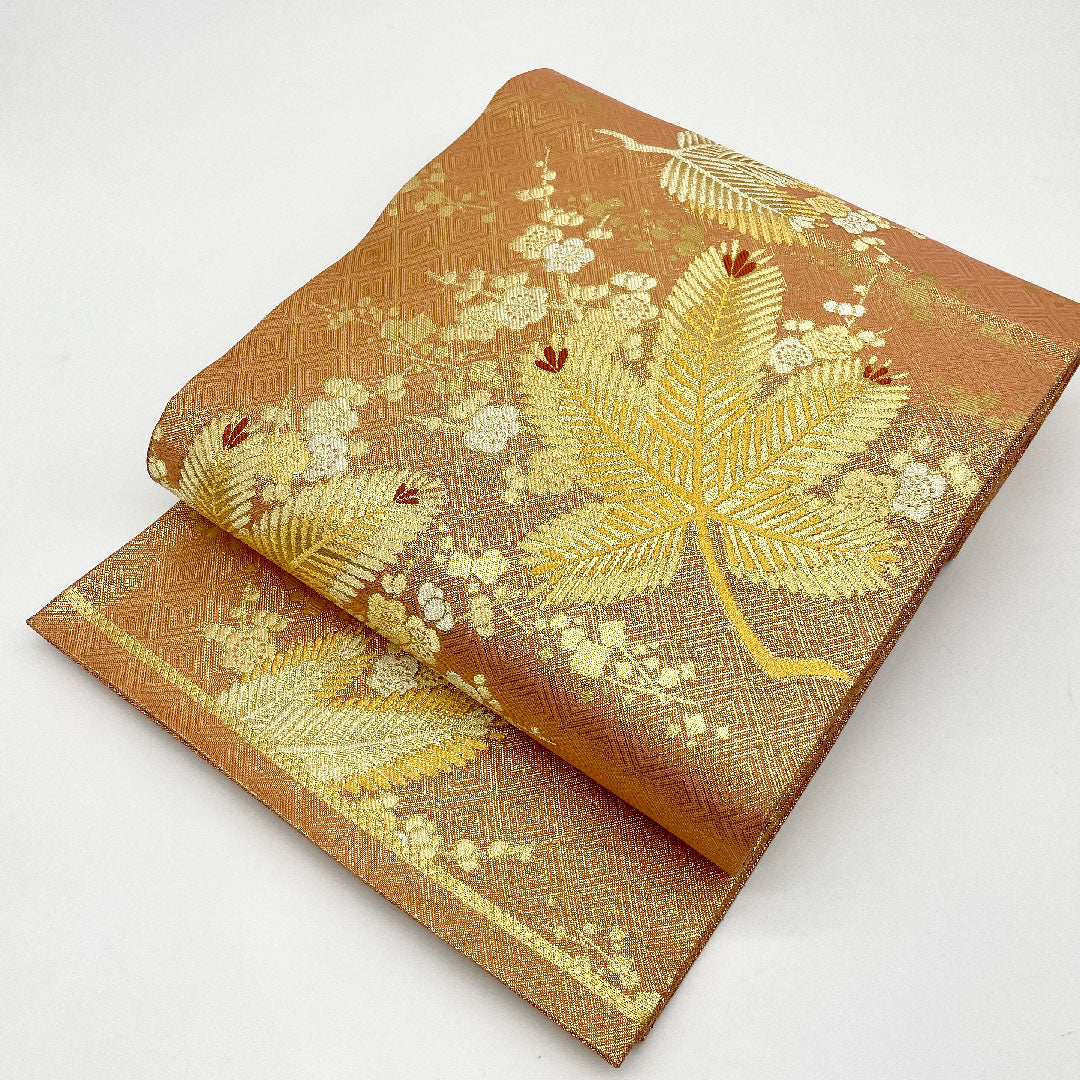 袋帯 朱金若松文 菱 帯丈455cm 正絹 Aランク 六通 フォーマル ピンク系 1123001153413