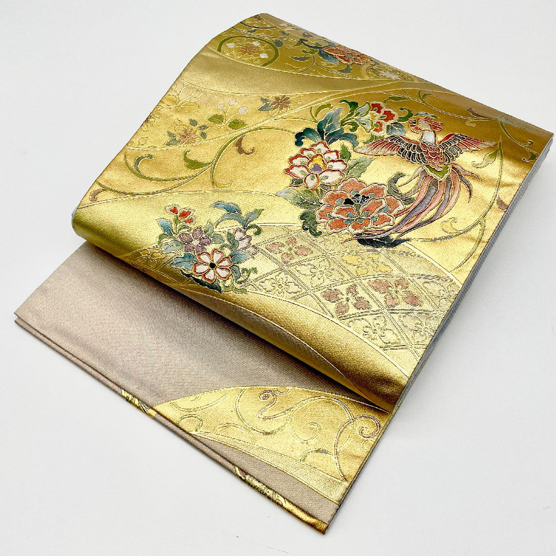 袋帯 金彩加工 鳳凰 螺鈿 帯丈440cm 正絹 Aランク ポイント柄 フォーマル 金系 1123001043321